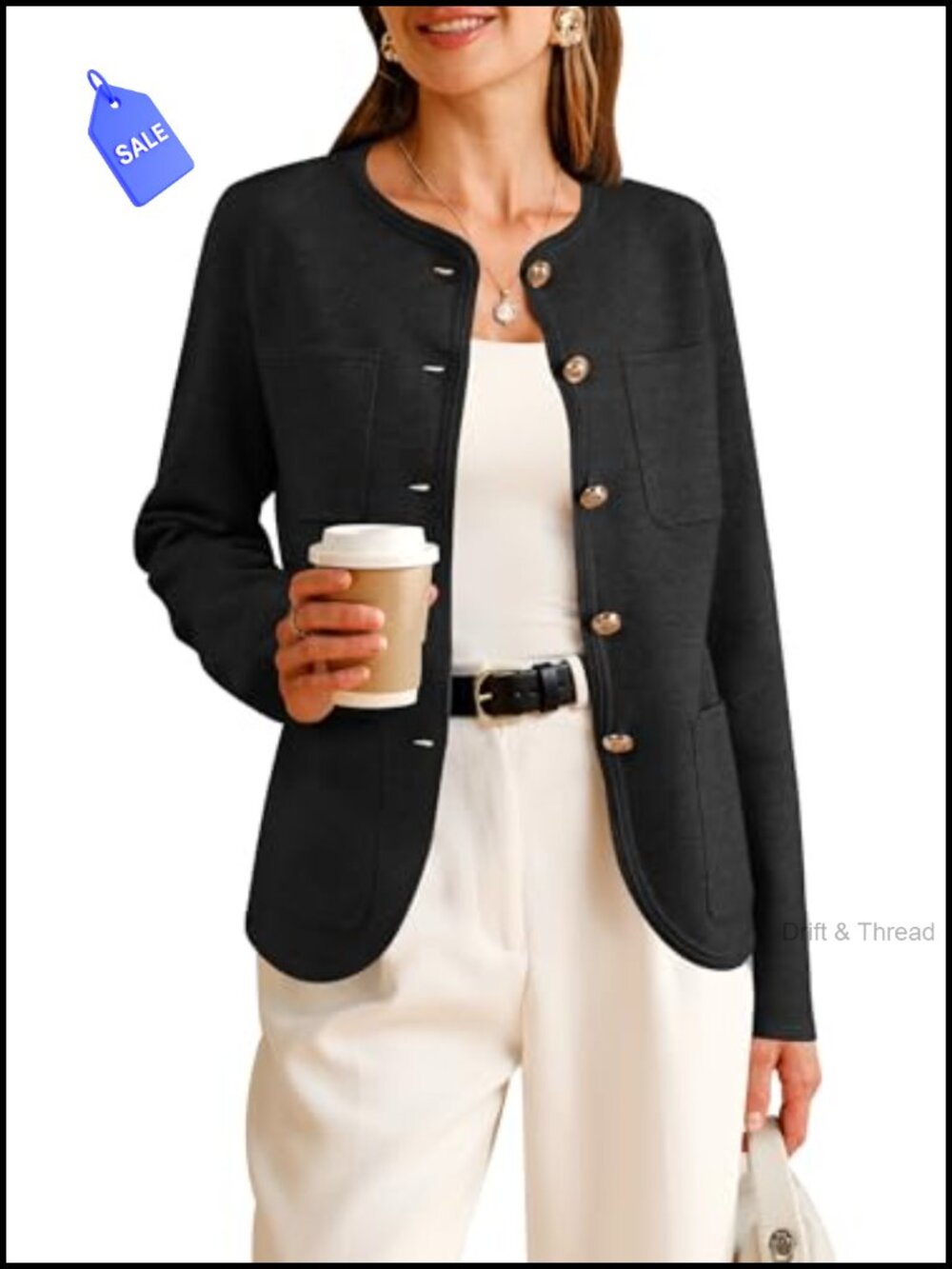 Wool Blend Collarless Blazer Gold Button Business Casual Cardigan